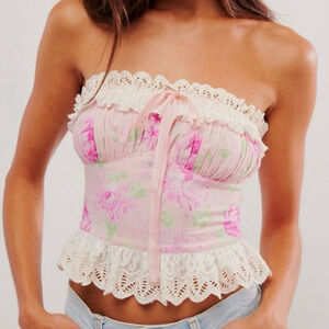 Free People Dolly Tube Crop Top Bow Coquette  Boho Floral Pink Womens Size Large